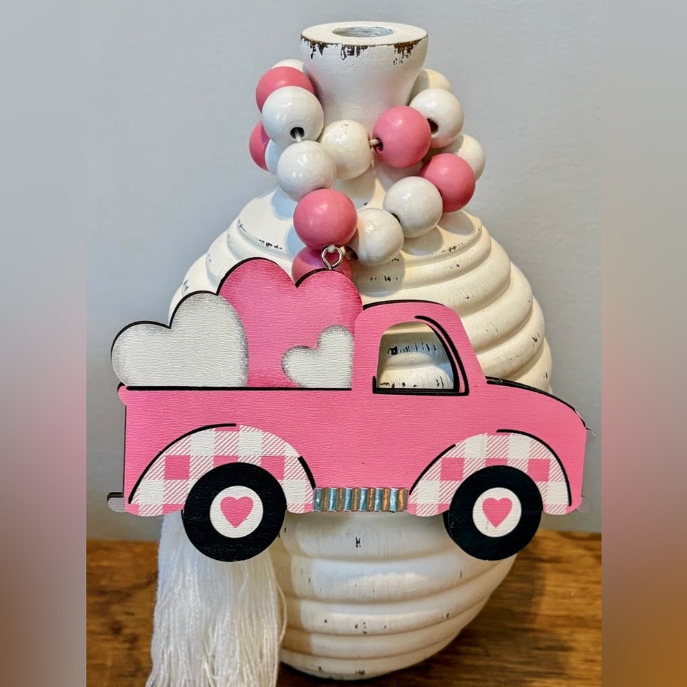Pink and White Heart Truck Beaded Garland Tier Tray Decor Valentine’s Day